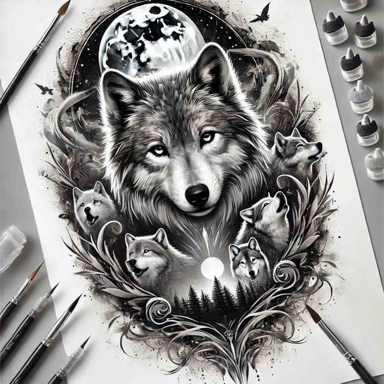 line-wolf-tattoo – tattoo design ideas free ai generated – realism-high-contrast – for-knee – Gallery: wolves-inkby-ai