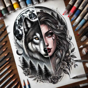 line-wolf-tattoo – tattoo design ideas free ai generated – realism-realistic-perspective – for-heel – Gallery: wolves-inkby-ai
