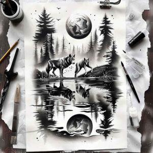 motion-wolf-tattoo – tattoo design ideas free ai generated – neotraditional-enhanced-shading – for-lower-thigh – Gallery: wolves-inkby-ai