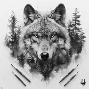 motion-wolf-tattoo – tattoo design ideas free ai generated – neotraditional-layered-fill – for-upper-thigh – Gallery: wolves-inkby-ai