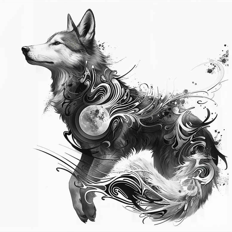 moving-wolf-tattoo – tattoo design ideas free ai generated – surrealism-fantastical – for-lower-chest – Gallery: wolves-inkby-ai