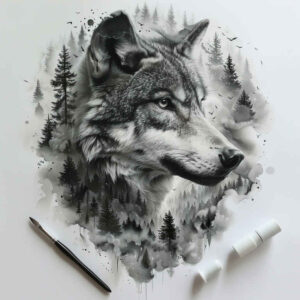 moving-wolf-tattoo – tattoo design ideas free ai generated – surrealism-whimsical – for-calf – Gallery: wolves-inkby-ai