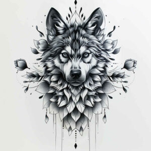 mystery-motif-wolf-tattoo – tattoo design ideas free ai generated – neotraditional-rich-shading – for-heel – Gallery: wolves-inkby-ai