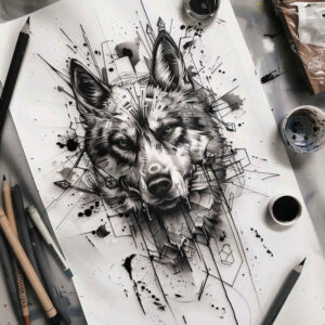 mystery-motif-wolf-tattoo – tattoo design ideas free ai generated – surrealism-psychic-energy – for-lower-chest – Gallery: wolves-inkby-ai
