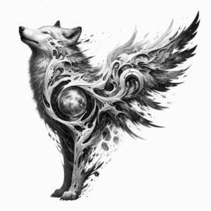 mystical-wolf-tattoo – tattoo design ideas free ai generated – surrealism-enigmatic-visuals – for-heel – Gallery: wolves-inkby-ai