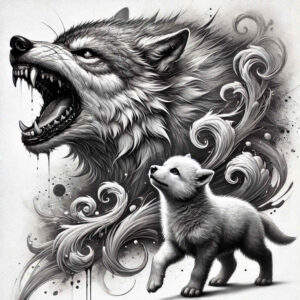 organic-line-wolf-tattoo – tattoo design ideas free ai generated – neotraditional-modern-classic – for-stomach – Gallery: wolves-inkby-ai
