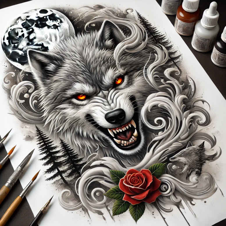 organic-line-wolf-tattoo – tattoo design ideas free ai generated – realism-form-fidelity – for-upper-back – Gallery: wolves-inkby-ai