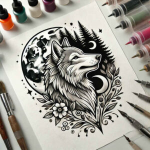 organic-line-wolf-tattoo – tattoo design ideas free ai generated – surrealism-fantasy-inspired – for-neck – Gallery: wolves-inkby-ai