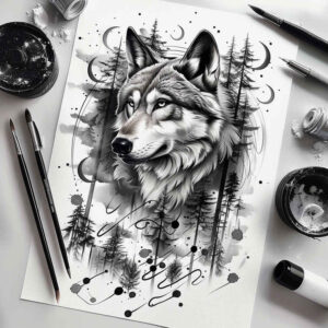 ornament-wolf-tattoo – tattoo design ideas free ai generated – neotraditional-ornamental – for-inner-arm – Gallery: wolves-inkby-ai