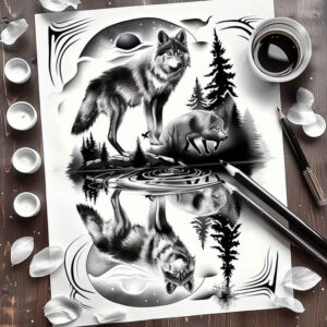 ornamental-detail-wolf-tattoo – tattoo design ideas free ai generated – surrealism-psychological-depth – for-lower-leg – Gallery: wolves-inkby-ai