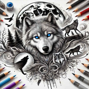 ornamental-detail-wolf-tattoo – tattoo design ideas free ai generated – surrealism-visionary – for-shoulder – Gallery: wolves-inkby-ai
