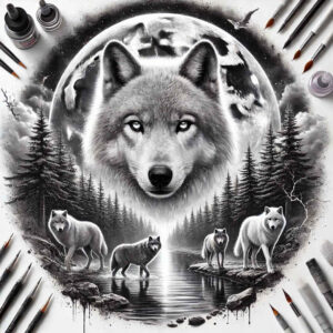 ornamental-wolf-tattoo – tattoo design ideas free ai generated – surrealism-esoteric-symbolism – for-stomach – Gallery: wolves-inkby-ai