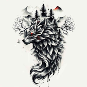 perseverance-symbol-wolf-tattoo – tattoo design ideas free ai generated – realism-light-reflections – for-lower-chest – Gallery: wolves-inkby-ai