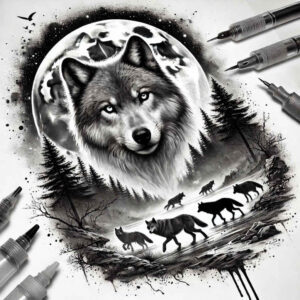 power-symbol-wolf-tattoo – tattoo design ideas free ai generated – neotraditional-layered-fill – for-thigh – Gallery: wolves-inkby-ai