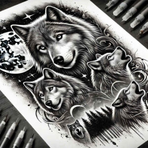 realistic-wolf-tattoo – tattoo design ideas free ai generated – realism-crisp-detail – for-upper-thigh – Gallery: wolves-inkby-ai