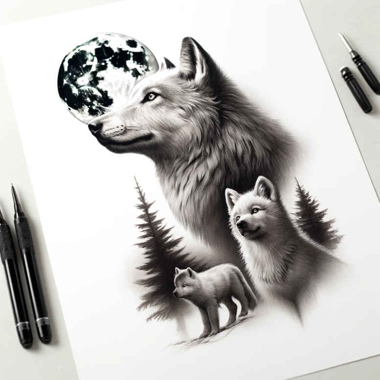 realistic-wolf-tattoo – tattoo design ideas free ai generated – surrealism-hyperreal – for-lower-chest – Gallery: wolves-inkby-ai