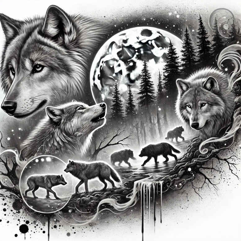 shaded-wolf-tattoo – tattoo design ideas free ai generated – neotraditional-subtle-tone – for-stomach – Gallery: wolves-inkby-ai