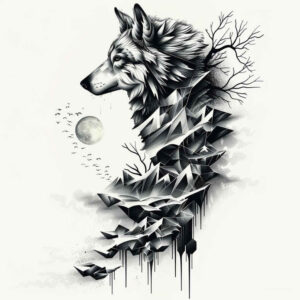 shadow-and-light-wolf-tattoo – tattoo design ideas free ai generated – neotraditional-bold-highlights – for-thigh – Gallery: wolves-inkby-ai