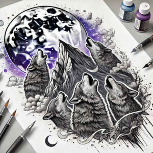 shadow-wolf-tattoo – tattoo design ideas free ai generated – neotraditional-bright-color – for-lower-chest – Gallery: wolves-inkby-ai