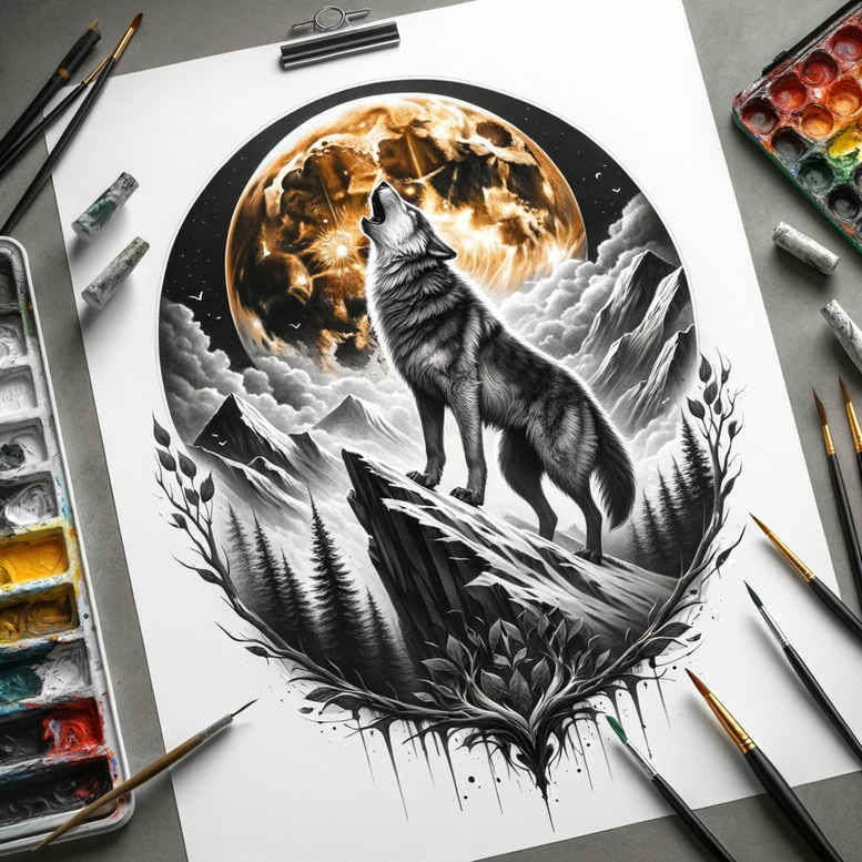 shadow-wolf-tattoo – tattoo design ideas free ai generated – realism-optical-depth – for-collarbone – Gallery: wolves-inkby-ai