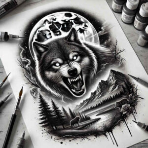 spiritual-motif-wolf-tattoo – tattoo design ideas free ai generated – neotraditional-detailed-textures – for-hip – Gallery: wolves-inkby-ai