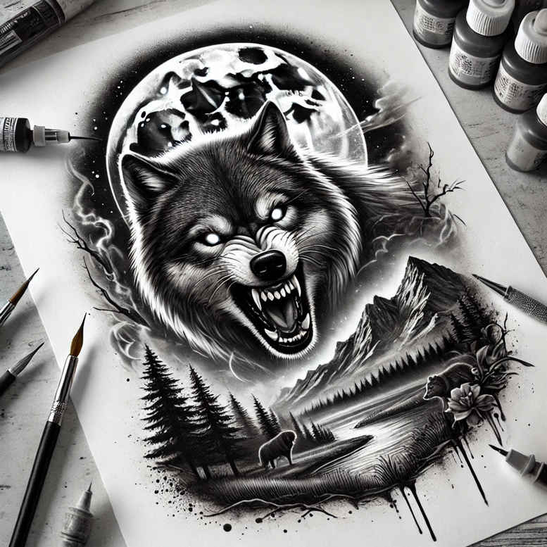 spiritual-motif-wolf-tattoo – tattoo design ideas free ai generated – neotraditional-detailed-textures – for-hip – Gallery: wolves-inkby-ai
