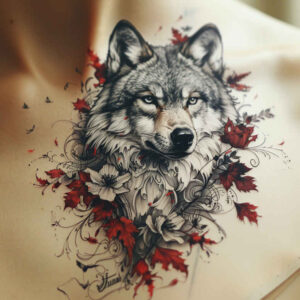 spiritual-motif-wolf-tattoo – tattoo design ideas free ai generated – surrealism-chromatic-flux – for-calf – Gallery: wolves-inkby-ai