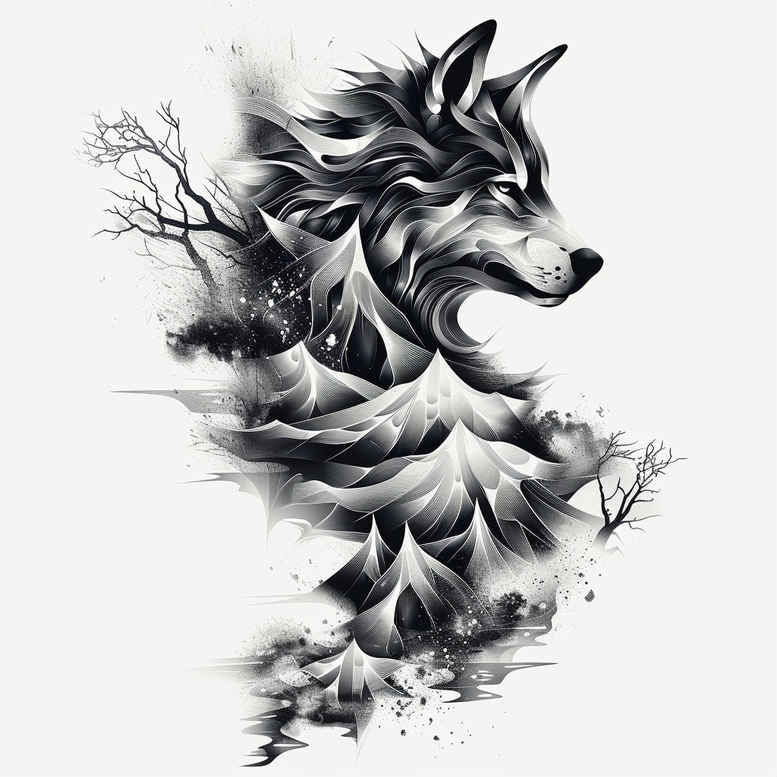 spiritual-motif-wolf-tattoo – tattoo design ideas free ai generated – surrealism-esoteric – for-knee – Gallery: wolves-inkby-ai