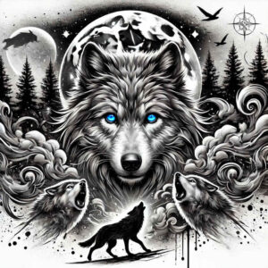 spiritual-wolf-tattoo-for-men – tattoo design ideas free ai generated – neotraditional-layered-fill – for-full-back – Gallery: wolves-inkby-ai
