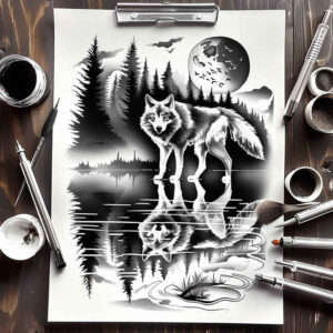 spiritual-wolf-tattoo-for-men – tattoo design ideas free ai generated – surrealism-hallucinatory – for-nape – Gallery: wolves-inkby-ai