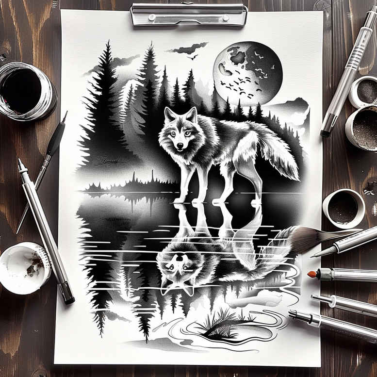 spiritual-wolf-tattoo-for-men – tattoo design ideas free ai generated – surrealism-hallucinatory – for-nape – Gallery: wolves-inkby-ai