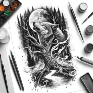 strength-symbol-wolf-tattoo – tattoo design ideas free ai generated – realism-glowing-edges – for-thigh – Gallery: wolves-inkby-ai