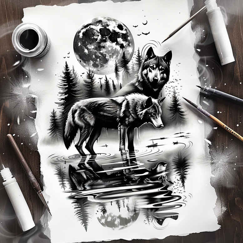 symbolic-meaning-wolf-tattoo – tattoo design ideas free ai generated – surrealism-fantasy-inspired – for-full-back – Gallery: wolves-inkby-ai
