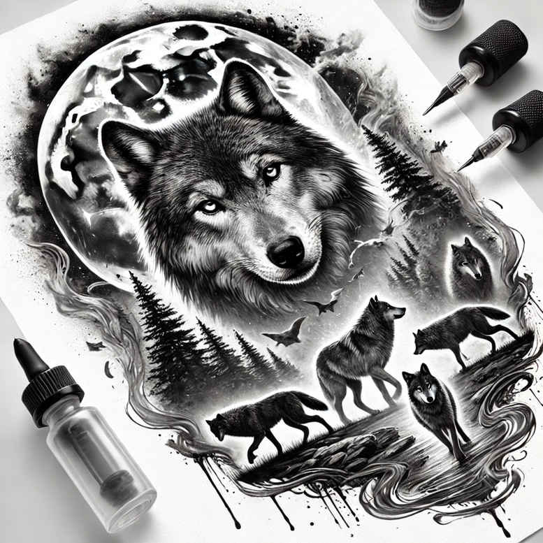 wolves tattoo design ideas Realism blended gradients alpha energy embodying perseverance