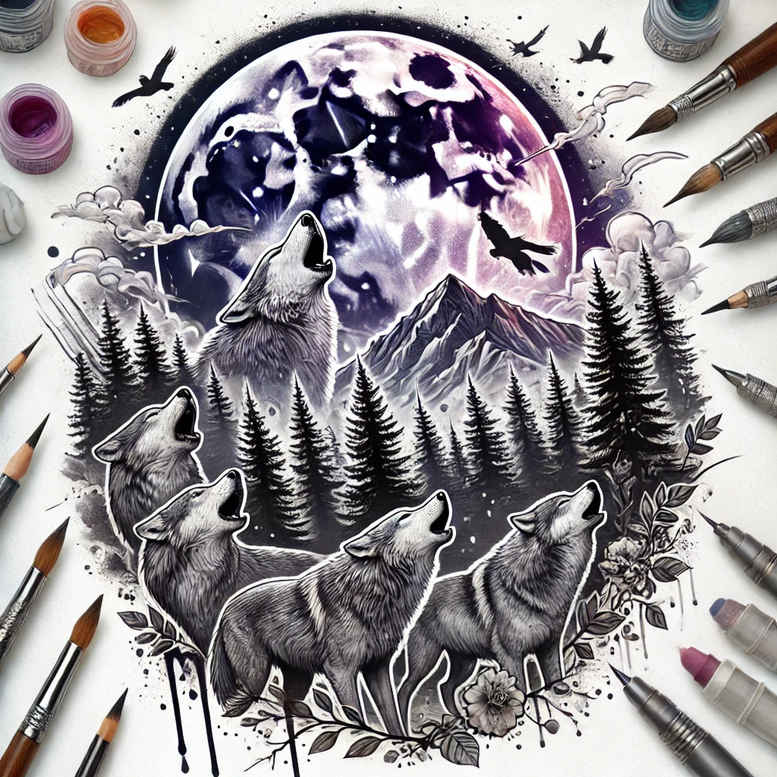 wolves tattoo design ideas Surrealism vibrant contrasts deep forest mark meaning endurance
