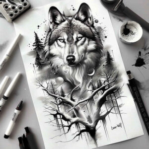 wolves tattoo design ideas Surrealism metaphysical forest spirit for sternum