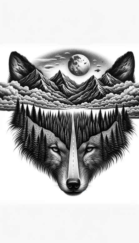 wolves tattoo design ideas Surrealism abstract mountain shadow embodying courage
