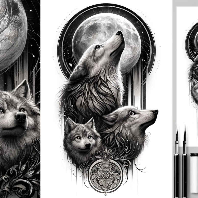 wolves tattoo design ideas textured shading mountain shadow for chest