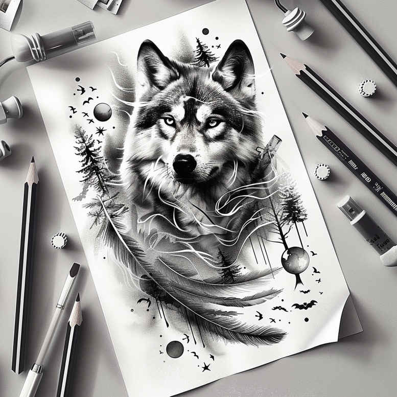 wolves tattoo design ideas Surrealism fantastical elements nocturnal strength for lower arm