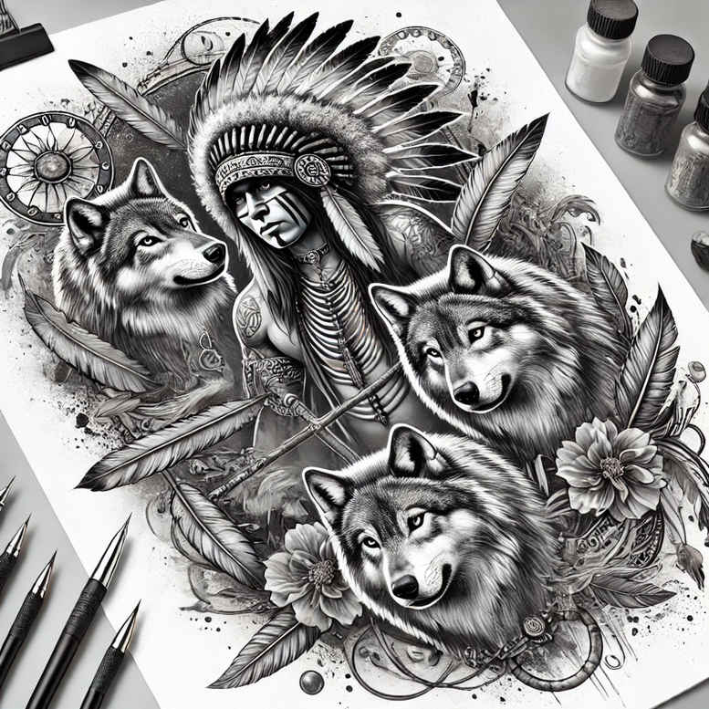 wolves tattoo design ideas Surrealism whimsical silent predator symbol of courage
