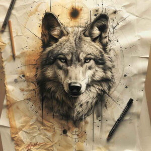 wolves tattoo design ideas Surrealism vibrant contrasts twilight eyes for calf