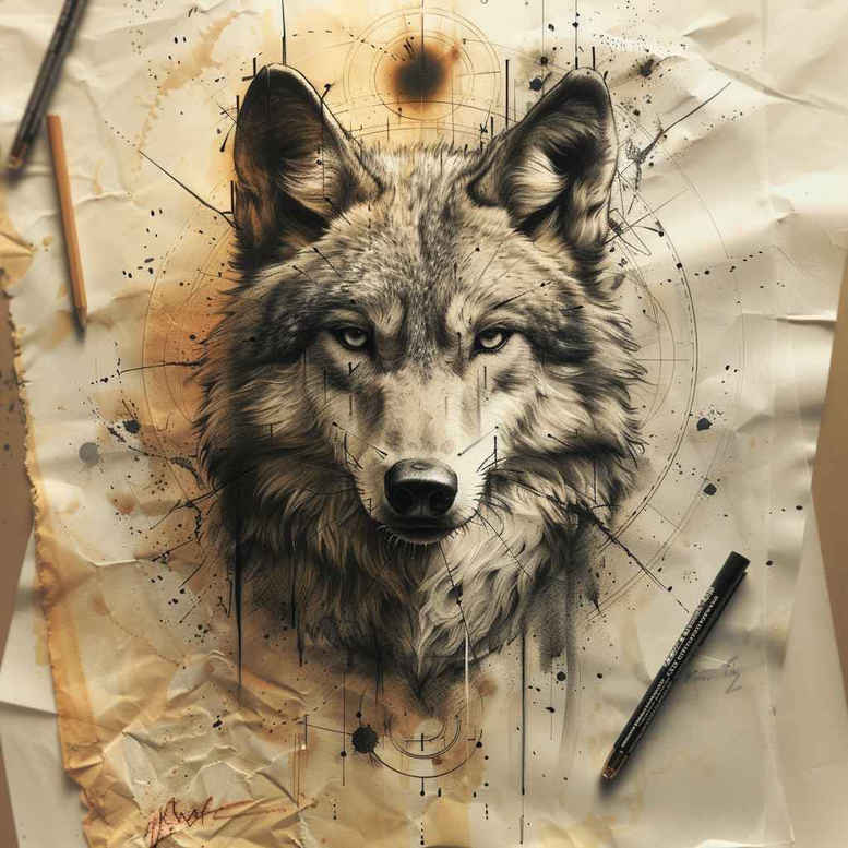 wolves tattoo design ideas Surrealism vibrant contrasts twilight eyes for calf