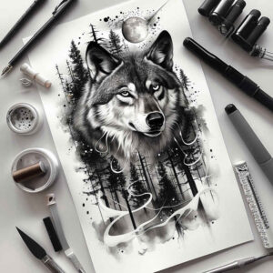 tribal-wolf-tattoo – tattoo design ideas free ai generated – surrealism-symbolic-motifs – for-collarbone – Gallery: wolves-inkby-ai