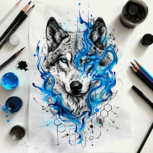 wave-wolf-tattoo – tattoo design ideas free ai generated – realism-photorealistic-drawing – for-neck – Gallery: wolves-inkby-ai