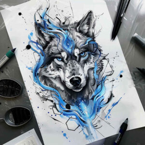 wave-wolf-tattoo – tattoo design ideas free ai generated – surrealism-phantasmagoria – for-upper-shoulder – Gallery: wolves-inkby-ai
