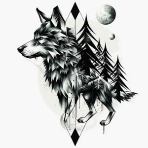 wolf-tattoo – tattoo design ideas free ai generated – neotraditional-dynamic-color – for-lower-thigh – Gallery: wolves-inkby-ai