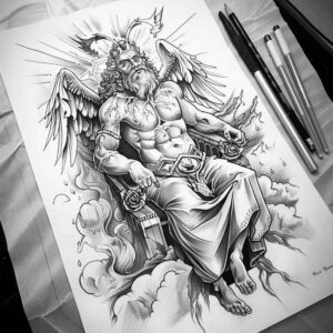shaded-zeus-tattoo – tattoo design ideas free ai generated – neotraditional-modern-classic – for-chest – Gallery: zeus-inkby-ai