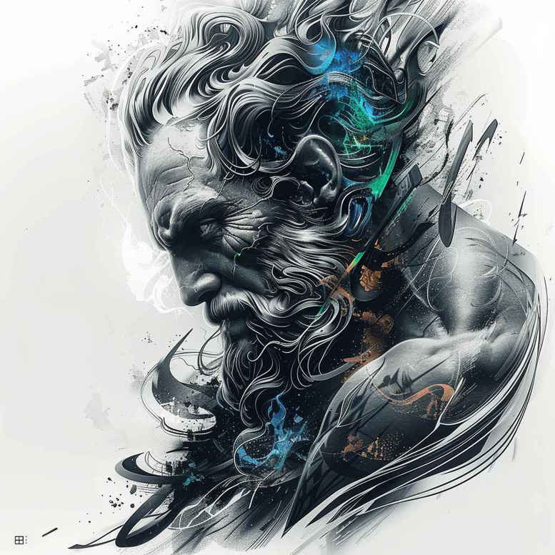 zeus tattoo design ideas Surrealism fluid forms cosmic rule for lower back