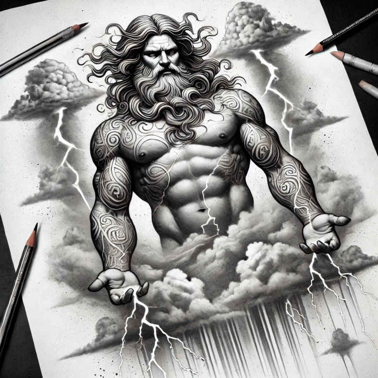 zeus tattoo design ideas Realism ultra detailed divine lightning embodying perseverance