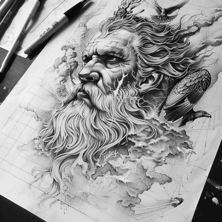 zeus tattoo design ideas fine detail Olympian power for calf